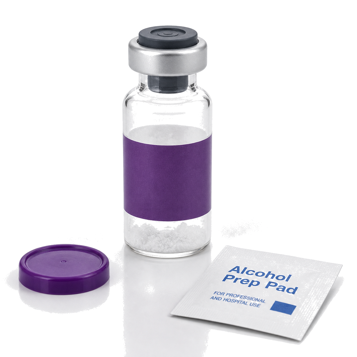 Peptide vial prepared with alcohol pad before reconstitution