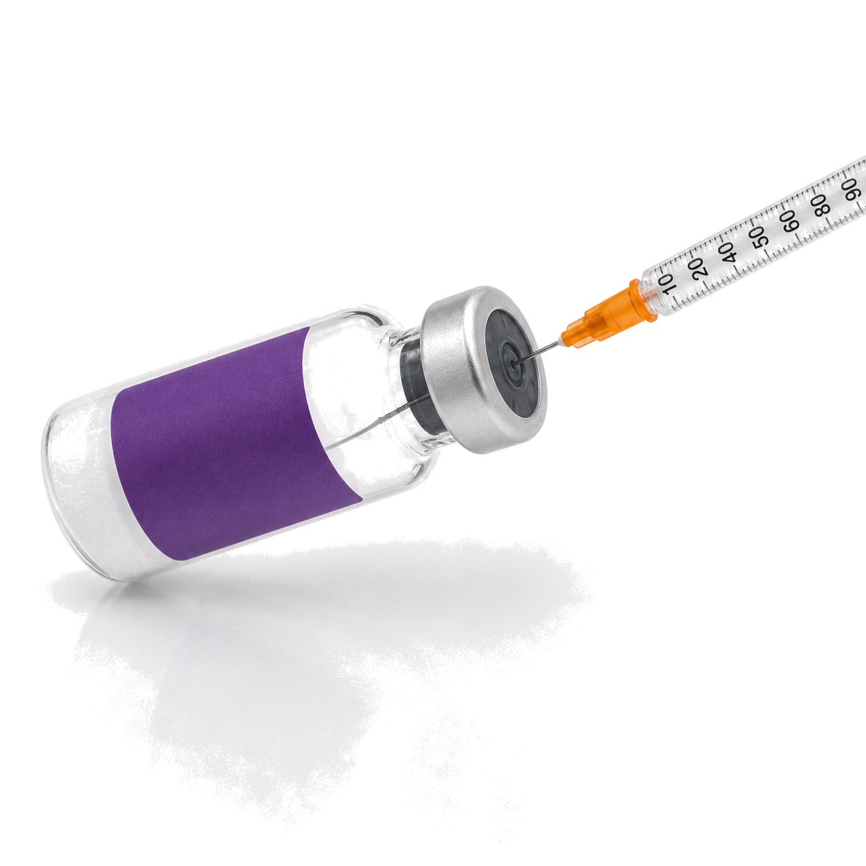 Needle inserted downward into vial of powder at an angle